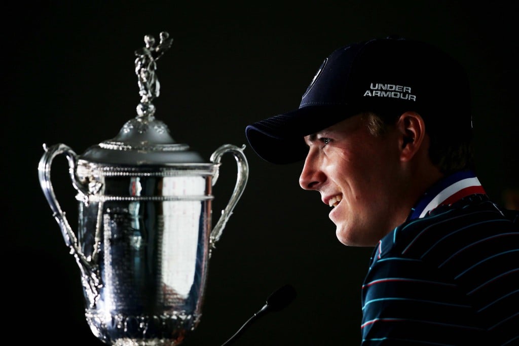 Jordan Spieth of the United States speaks with the media after winning the 115th US Open Championship at Chambers Bay on June 21, 2015 in University Place, Washington.  (Photo by Mike Ehrmann/Getty Images)