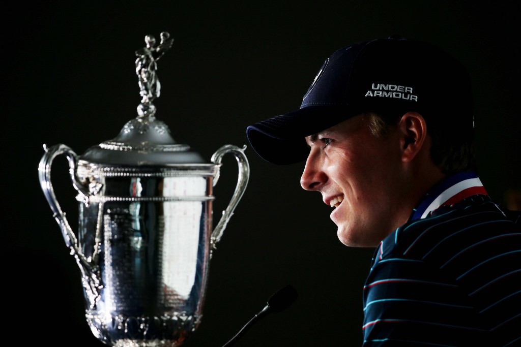 Jordan Spieth of the United States speaks with the media after winning the 115th US Open Championship at Chambers Bay on June 21, 2015 in University Place, Washington. (Photo by Mike Ehrmann/Getty Images)