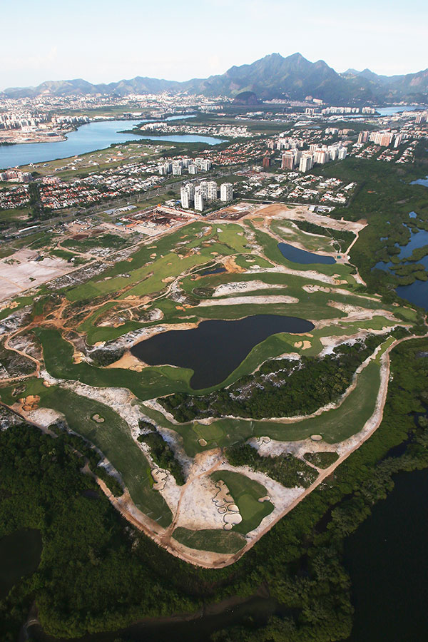 An ariel shot of the golf course for the 2016 Rio Olympics, set in the Barra de Tijuca region of Rio de Janeiro.