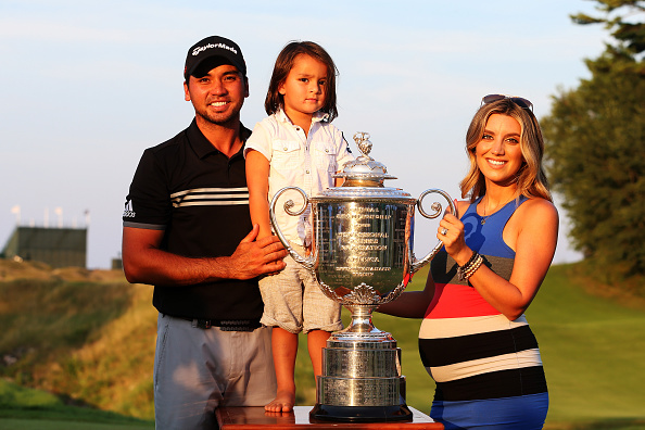 One for the family album – US PGA Champ Jason Day, son Dash and wife Ellie with the Wanamaker Trophy