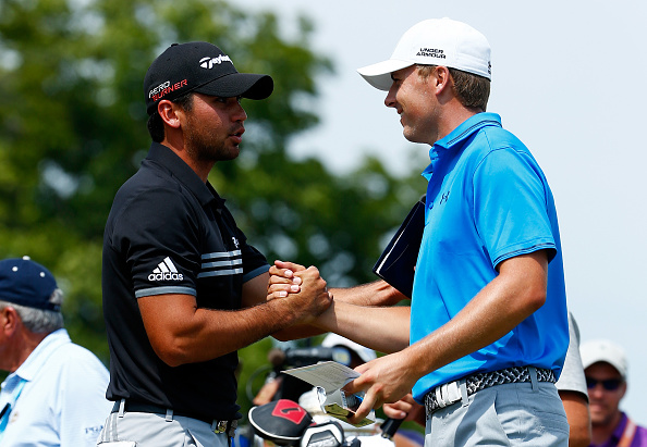 SHEBOYGAN, WI - AUGUST 16:  Jason Day of Australia (L) greets Jordan Spieth of the United States on the first tee during the final round of the 2015 PGA Championship at Whistling Straits on August 16, 2015 in Sheboygan, Wisconsin.  (Photo by Jamie Squire/Getty Images)