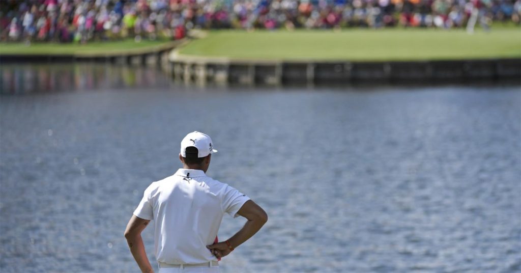 Two views: from behind the hole in 2016 [top], and rickie fowler at the tee in 2017.