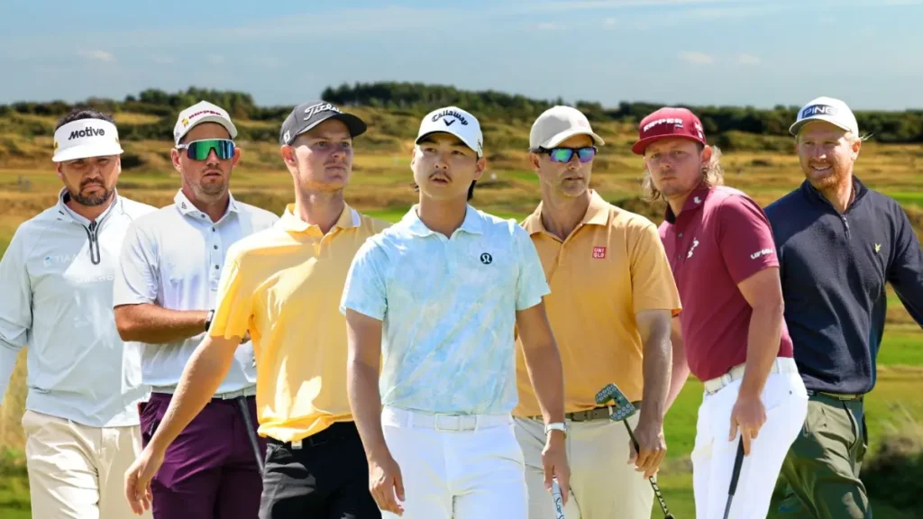 A group of professional Australian golfers walk together on the fairway at Royal Birkdale ahead of the Open Championship